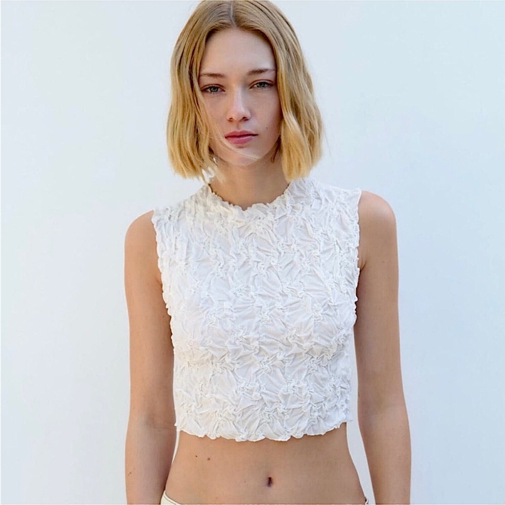 Zara White Crinkle Textured Top